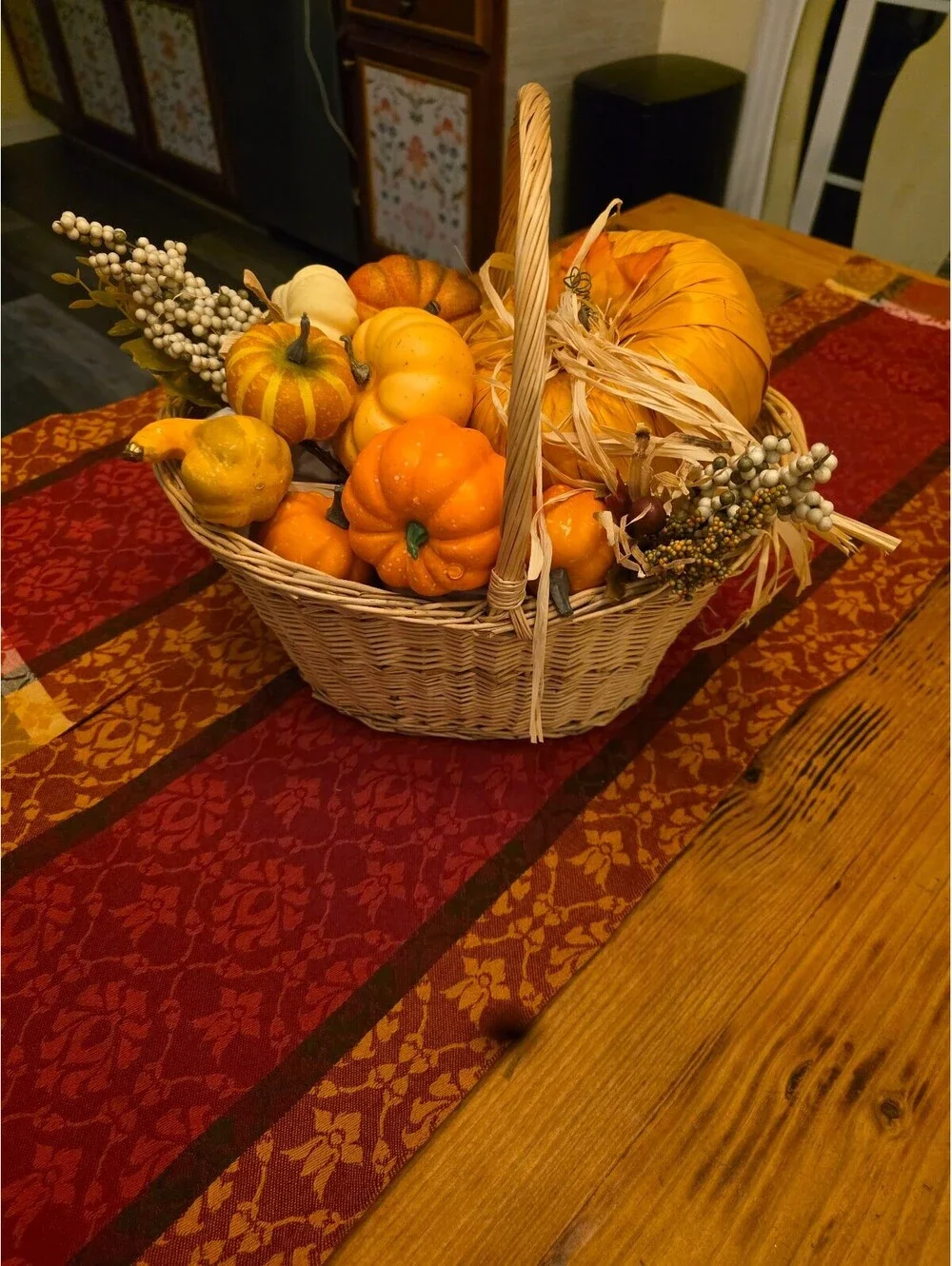 Decorative Basket with Mini Pumpkins and Gourds table runner & placemats